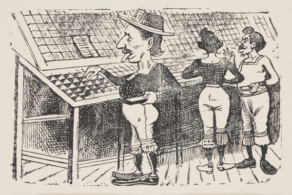 A black-and-white print illustration of three figures wearing jodhpurs standing in front of a table with a grid of boxes.