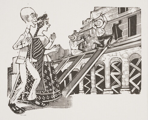 A black-and-white print illustration of a nicely dressed couple watching two construction workers working on a building.