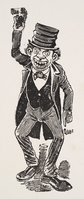 A black-and-white print illustration of a man wearing a rumpled top hat, three-piece suit with tails, one arm raised next to the words, "Que si."