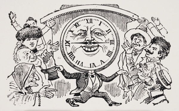 A black-and-white print of an anthropomorphized clock running between a crowd of people, many waving to it.