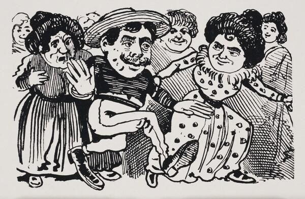A black-and-white print illustration of a man with large hands and feet, wearing a sombrero, surrounded by a group of women.