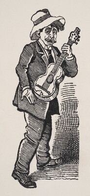 A black-and-white print of a man with a mustache in a suit and hat holding a guitar.