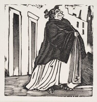 A black-and-white print of a large woman wearing a shawl and walking away from a building.