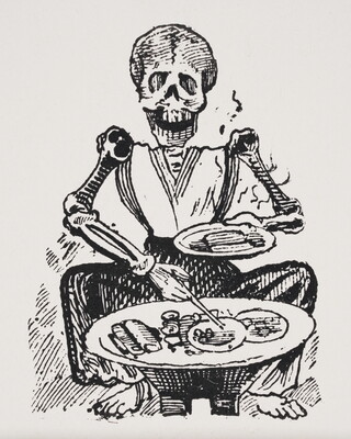 A black-and-white print of a seated skeleton wearing a dress serving food  from a tray to a plate.