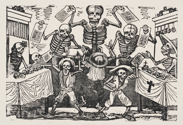 A black-and-white print of several skeletons, some dressed, holding up broadsides and two skeletons behind tables covered in cloths with crosses on the front.