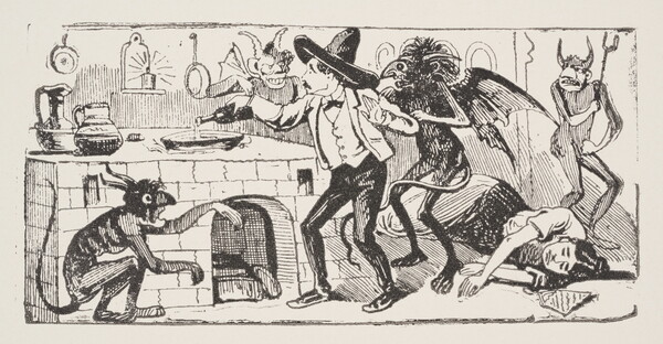 A black-and-white print of a four demons harassing a man pouring a liquid in a pot on a stove as a woman lies on the floor.