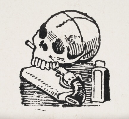 A black-and-white print illustration of a human skull with a pistol in its jaw on top of a book and next to a bottle.