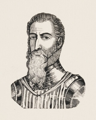 A black-and-white print of a man with a long beard wearing a high ruffled collar beneath armor.