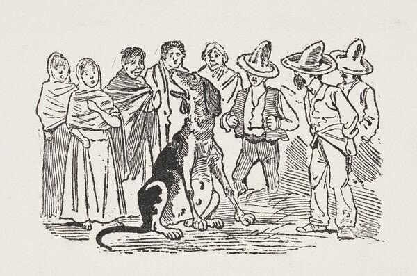 A black-and-white print of an illustration of a group of people standing around a very large, sitting dog.
