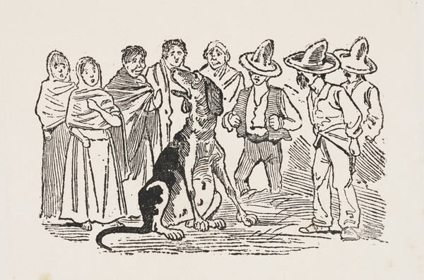 A black-and-white print of an illustration of a group of people standing around a very large, sitting dog.