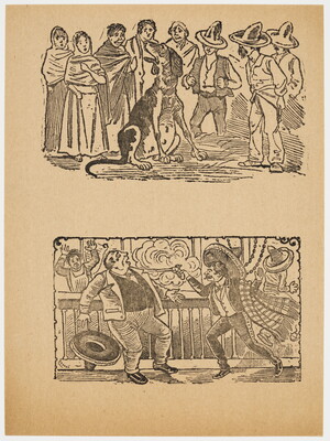 A black-and-white print of two vignettes: on the top, a crowd surrounds a very large dog; on the bottom, a man in a sombrero shoots another man.