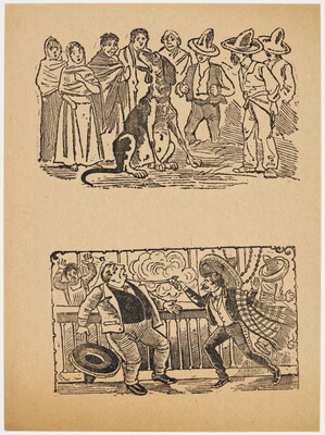 A black-and-white print of two vignettes: on the top, a crowd surrounds a very large dog; on the bottom, a man in a sombrero shoots another man.