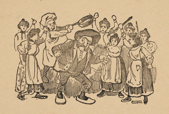 A black-and-white print of a cartoon-like man in a hat and suit surrounded by a chef about to hit him with a skillet and women with raised rolling pins.