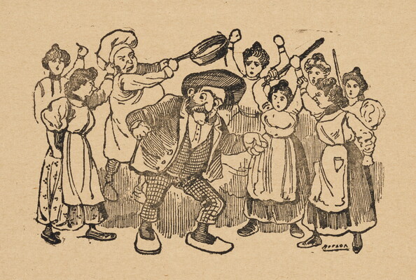 A black-and-white print of a cartoon-like man in a hat and suit surrounded by a chef about to hit him with a skillet and women with raised rolling pins.