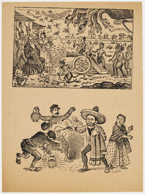 A black-and-white print of two vignettes: on the top, a multi-headed creature and various demons fire a cannon at an old man; on the bottom, a man wearing a sombrero shoots another man as two people watch.