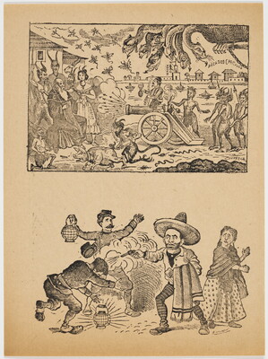 A black-and-white print of two vignettes: on the top, a multi-headed creature and various demons fire a cannon at an old man; on the bottom, a man wearing a sombrero shoots another man as two people watch.