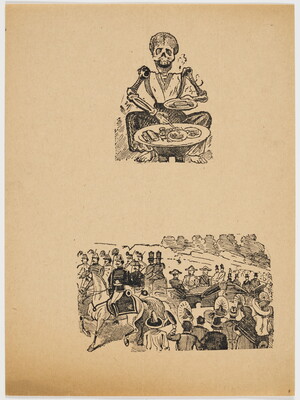 A black-and-white print of two vignettes: on the top, a dressed skeleton serves food onto a plate; on the bottom, a parade of soldiers on horses pulling carriages walk past a crowd.