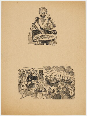 A black-and-white print of two vignettes: on the top, a dressed skeleton serves food onto a plate; on the bottom, a parade of soldiers on horses pulling carriages walk past a crowd.