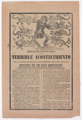A black-and-white printed leaflet with Spanish text below an illustration of a man being attacked by seven creatures representing the seven deadly sins.