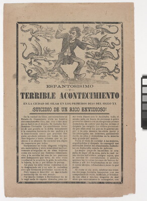 A black-and-white printed leaflet with Spanish text below an illustration of a man being attacked by seven creatures representing the seven deadly sins. 