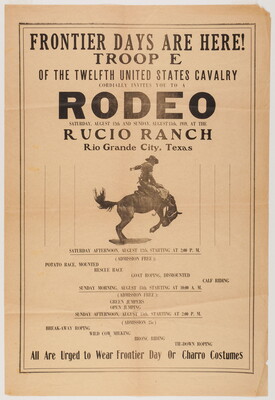 A black-and-white poster advertising Frontier Days in Rio Grande, Texas, with an image of a cowboy on a bucking horse.