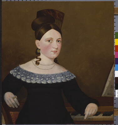An oil painting of a seated White woman, hair pulled on top of her head, wearing a black dress with a lace collar leaning against a piano.