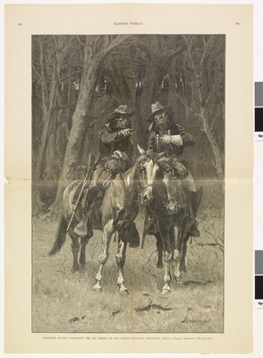 A black-and-white print of two Native American men on horseback, one points at something ahead of them.