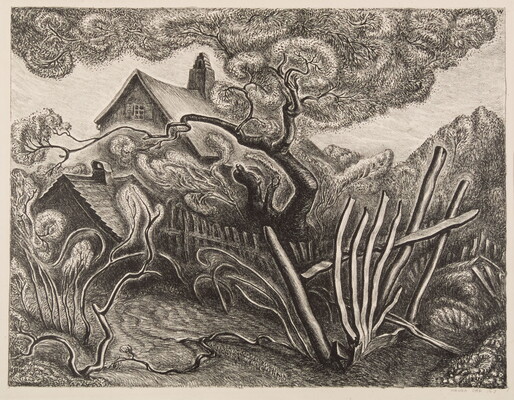 A black-and-white print of a house behind a picket fence with trees, grass, and flowers beginning to unfurl into spring.