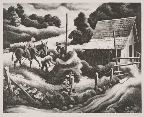 A black-and-white print of three men, one on horseback and two with pitchforks, next to a haystack and an old barn.