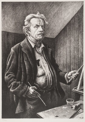 A black-and-white print of an elderly White man with a moustache, wearing a button-down shirt and jacket over a pot-belly, standing at a worktable holding paintbrushes in his hands.