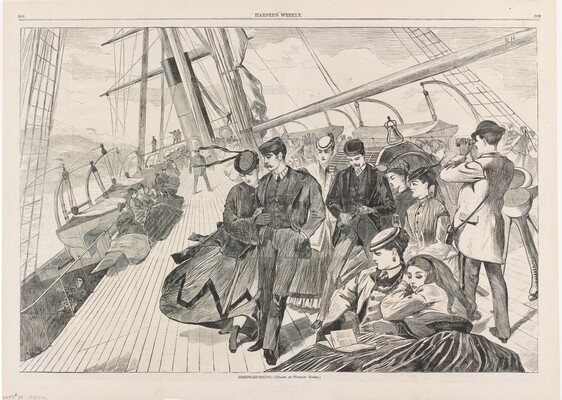 A black-and-white print of a group of formally dressed White men and women standing on the deck of a ship.