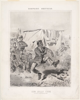 A black-and-white print of a Black man dancing in front of White soldiers at a campsite.