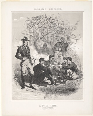 A black-and-white print of a group of White men, some in military uniforms, sitting in a circle playing cards as several others watch.