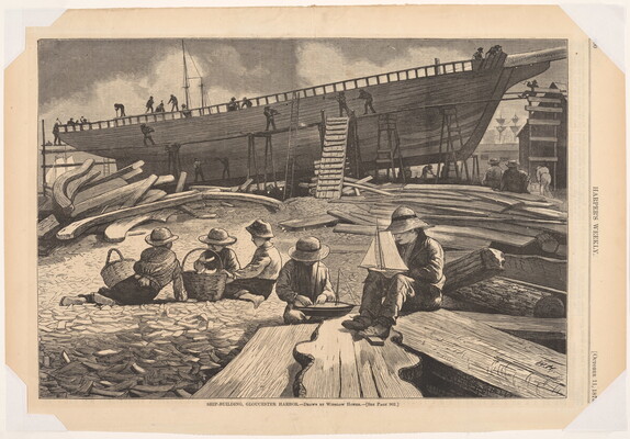 A black-and-white print of a group of boys sitting on the ground watching a large group of people build a ship.