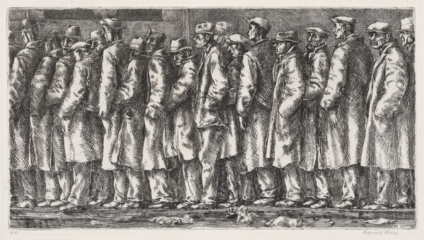 A black-and-white print of men in coats and hats standing close together in a line on a sidewalk.