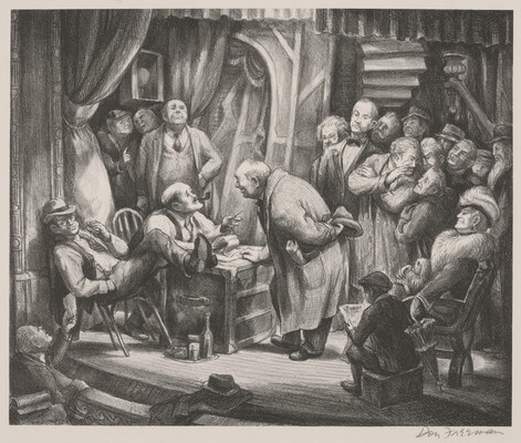 A black-and-white print of a group of White men on a stage gathered around a man speaking to another who is seated behind a desk.