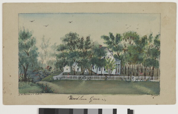 A watercolor of a white clapboard house surrounded by a picket fence and green trees.