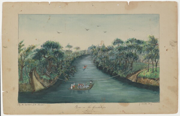 A watercolor of a river crossing where multiple people and a stagecoach are being ferried across the water.