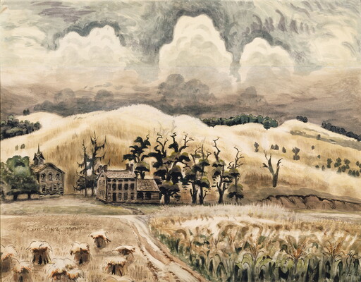 A watercolor painting of a farmhouse and a church on golden hills behind a farm.