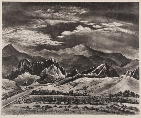 A black-and-white print of a landscape of jagged rock formations and mountains in the background.