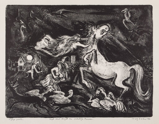 An abstract black-and-white print of a farmer with a pitchfork chasing two women who seem to be floating around a spooked horse surrounded by dogs and birds under a black sky.