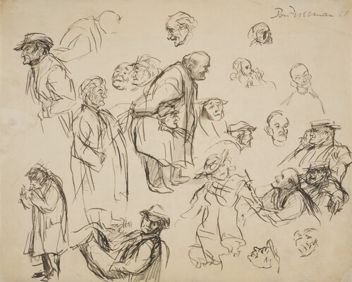 Black-and-white pencil sketches of human figures and heads, some overlapping, in various positions filling the entire sheet of paper.