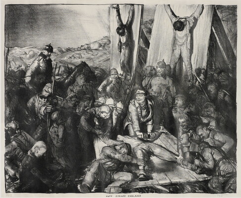 A black-and-white print of crowd of soldiers surrounding a man they are holding on a wood board by his arms and legs; behind them are two figures hanging from boards that have been pushed upright.