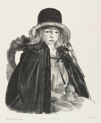A black-and-white print of a young White girl in a black hat and cloak sitting in a chair with hands folded on her lap.