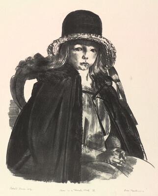 A black-and-white print of a young White girl in a black hat and cloak sitting in a chair with hands folded on her lap.