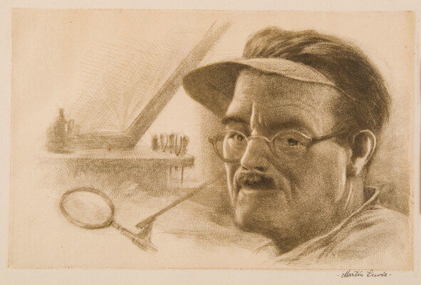 A sepia-toned print portrait of a White man wearing a visor hat, round glasses, a short mustache with printing equipment in the background.