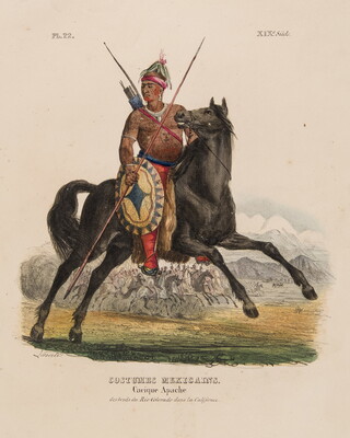 A color print of an Indigenous man on horseback, with a painted shield, face paint, spear, and bow and arrows on his back.