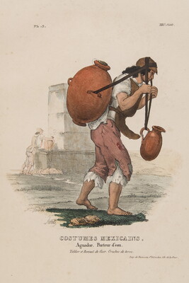 A color print of a person in ragged clothing carrying heavy, clay jugs strapped to his back and hung from his head.