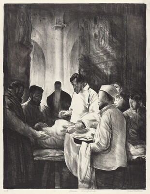 A black-and-white print of doctors and soldiers surrounding a person lying on their side on a table in what looks like a church.