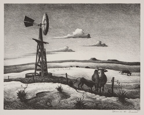 A black-and-white print of a field of grazing cows, one stands just inside a fence next to a windmill.